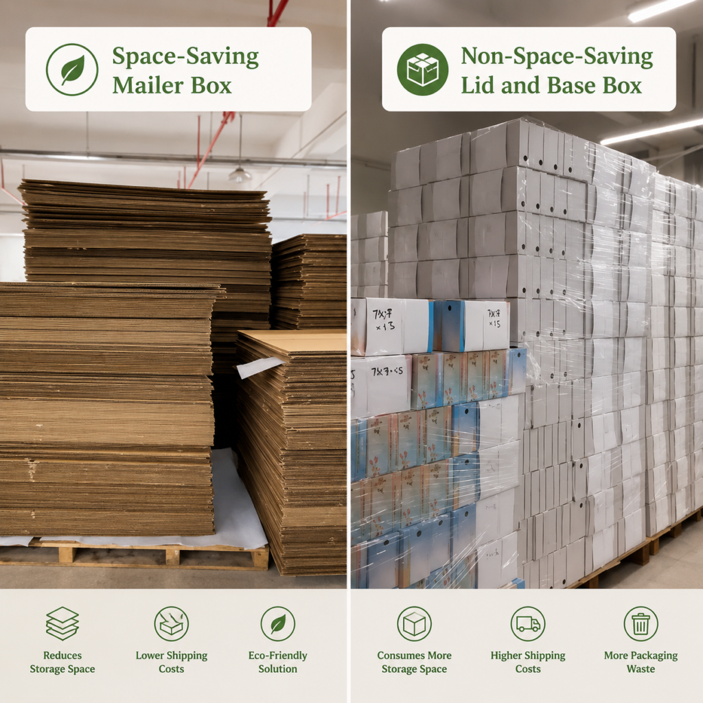 comparision of space saving of mailer box and rigid box