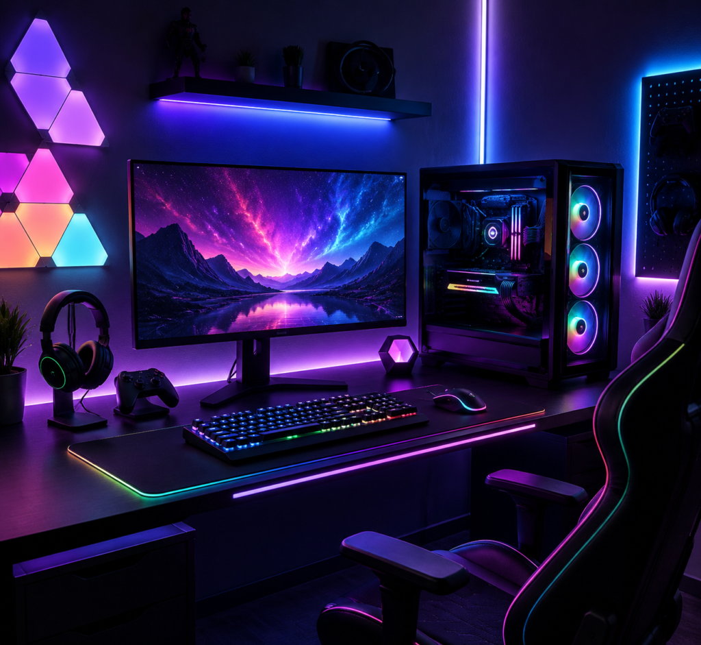 Gaming setup with RGB lighting