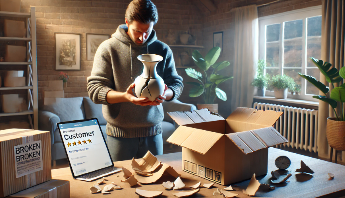 Customer holding broken vase