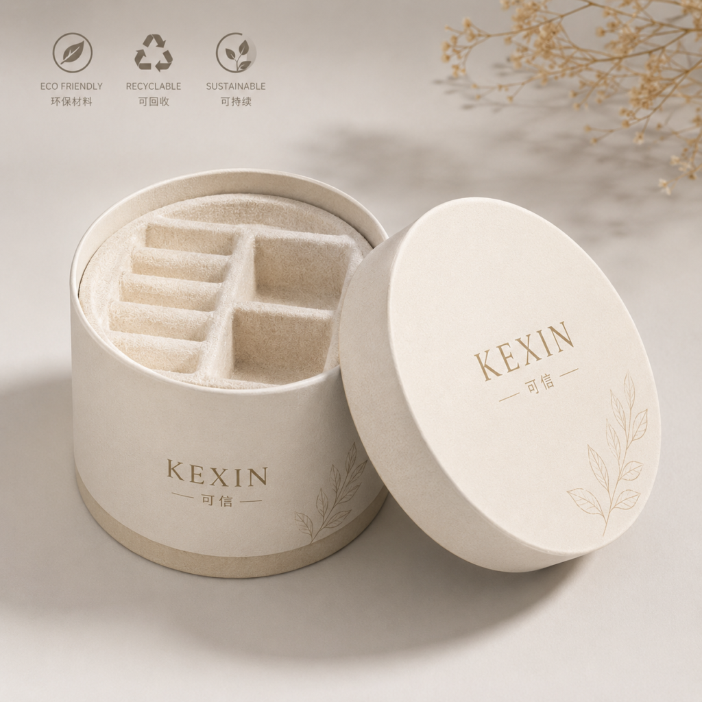 Round paper box with molded pulp trays