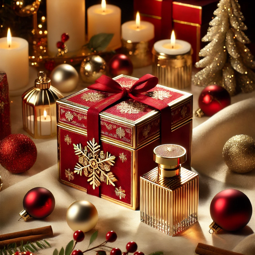 Festive red holiday perfume box