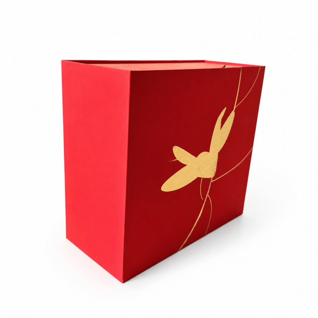 Red specialty paper wrapped rigid gift box with premium texture finish