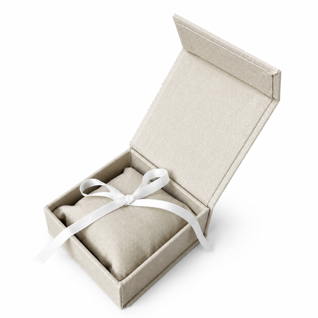 Open linen magnetic gift box with soft pillow insert for jewelry packaging