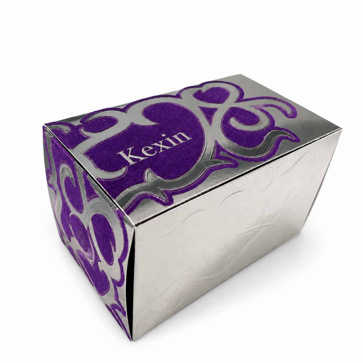 Custom folding carton packaging with metallic silver paper and velvet flocking texture