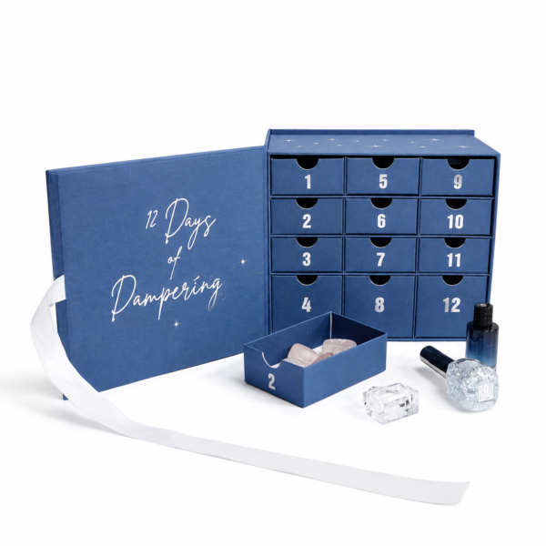 Custom Blue Advent Calendar Boxes with Silver Foil Logo and 12 Drawers