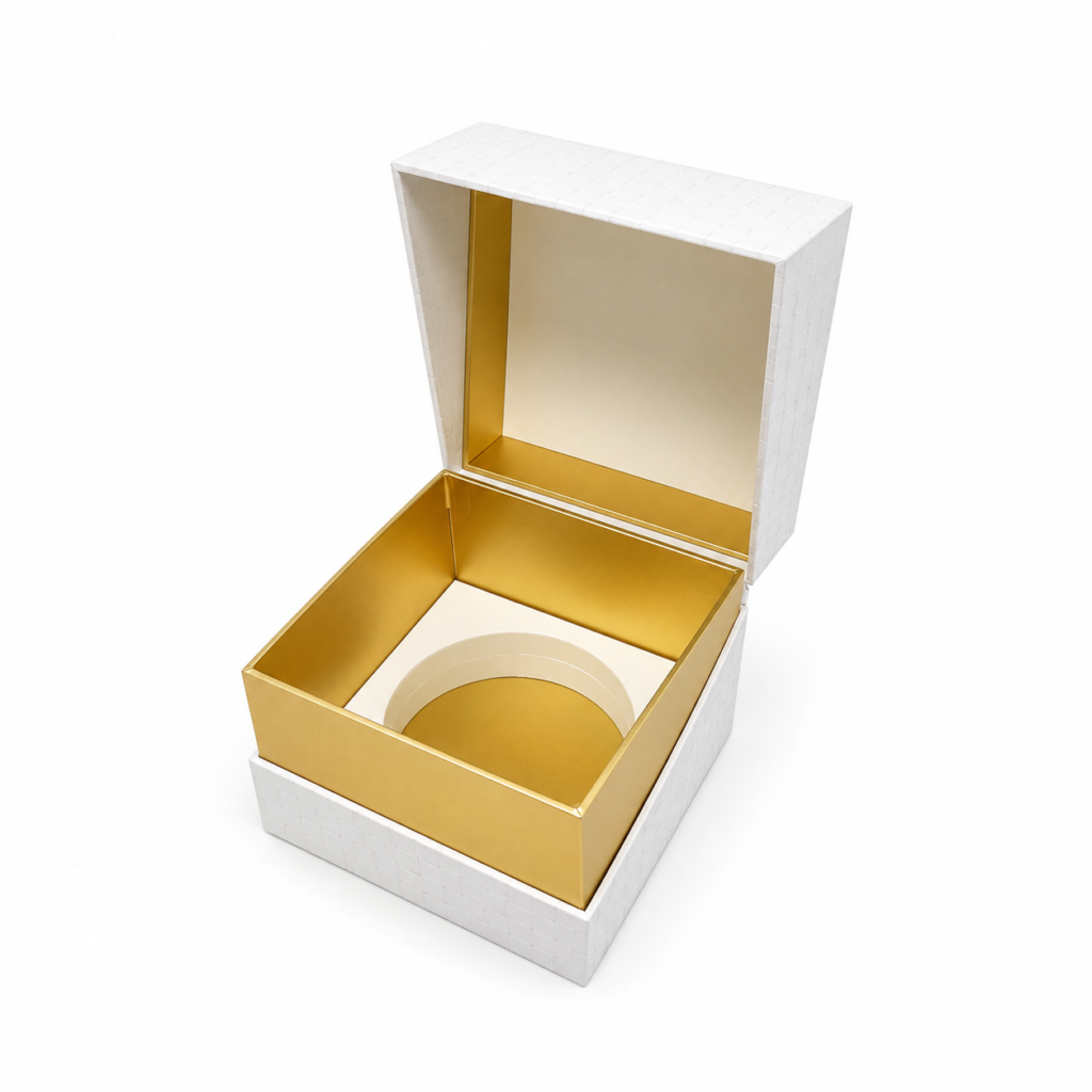 Luxury candle gift box with gold interior and custom insert