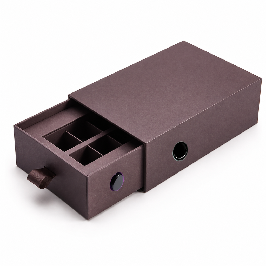 Custom child-resistant drawer box with locking mechanism and divided compartments