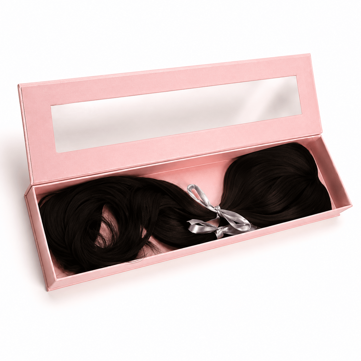 Custom pink magnetic wig box with clear window displaying a wig