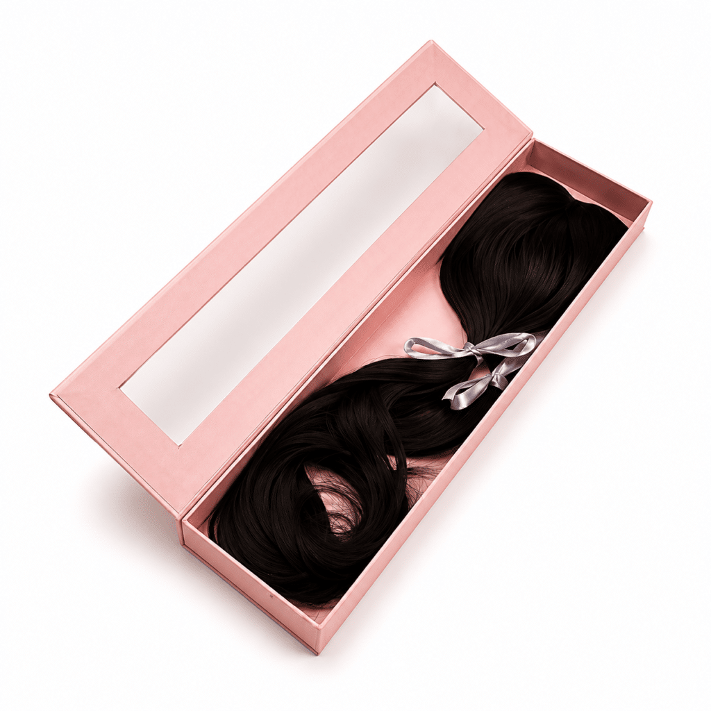 Luxury pink rigid wig box with magnetic closure and customized window design