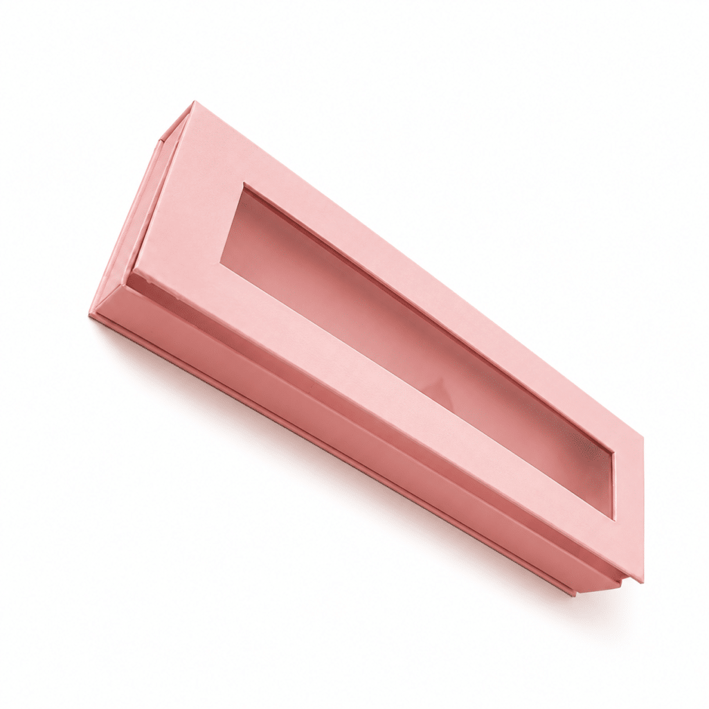Closed pink magnetic rigid wig box with clear window for hair packaging