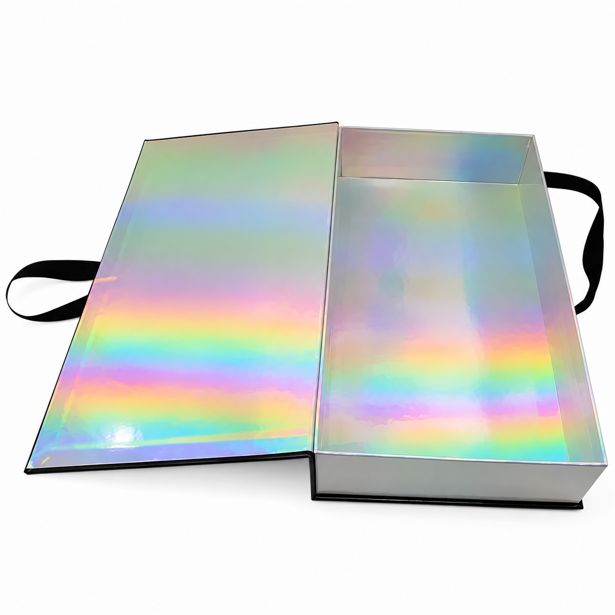 Luxury magnetic rigid gift box with rainbow holographic paper lining