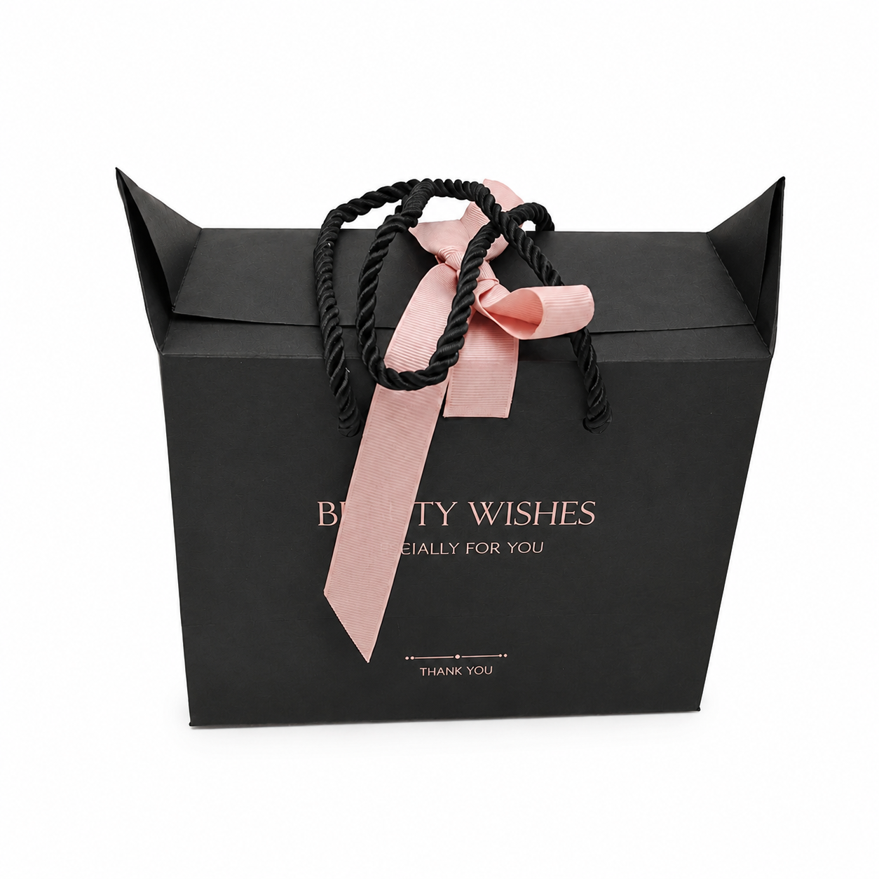 Black card paper gift bag with gold foil logo and twisted rope handles