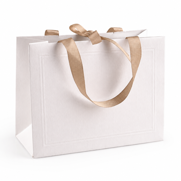 Custom Luxury Paper Gift Bags with Embossed Frame Design and Ribbon Handles
