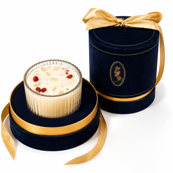 Custom Round Candle Gift Boxes with Velvet Wrapping and Ribbon Decoration