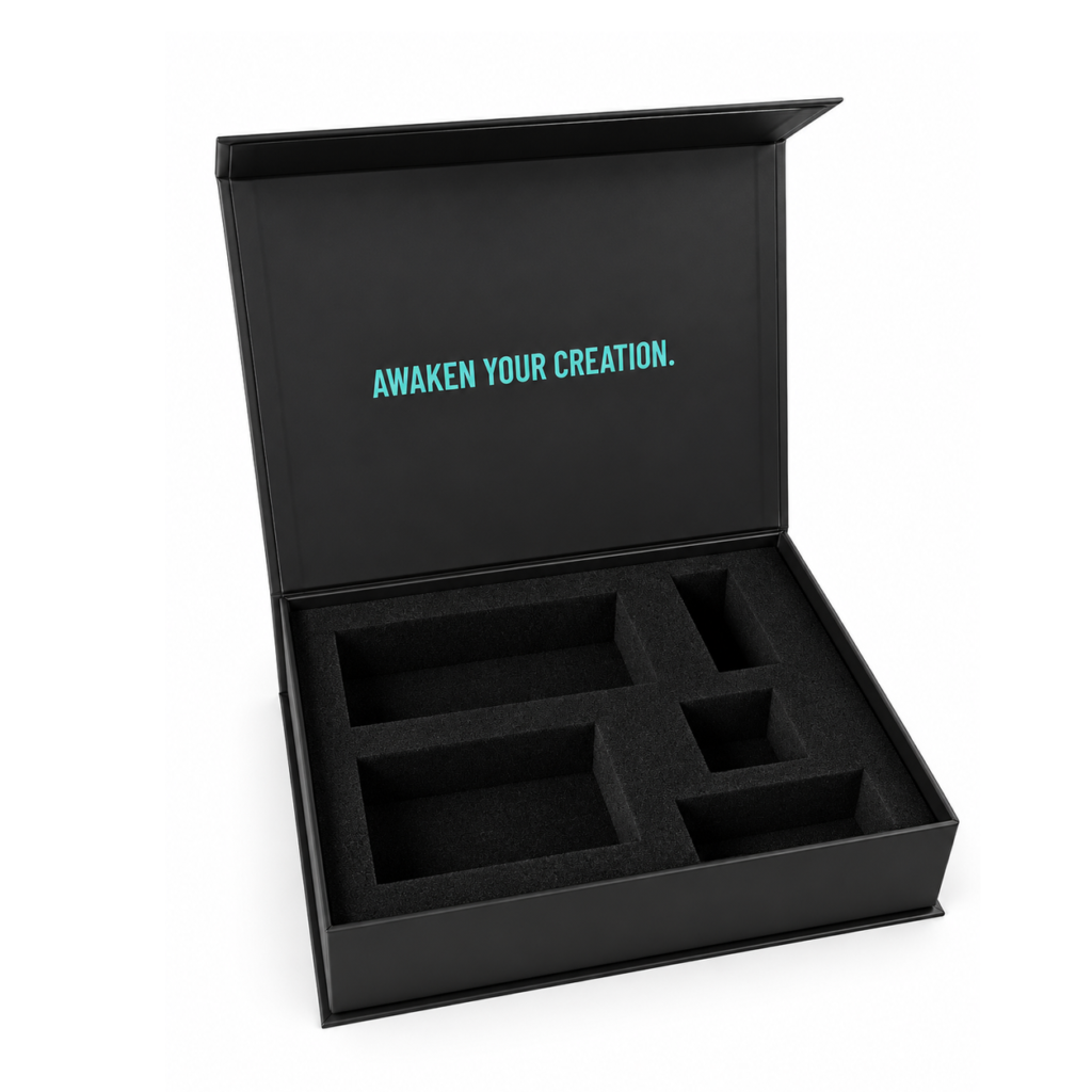 Black magnetic tech gift box with printed inside lid