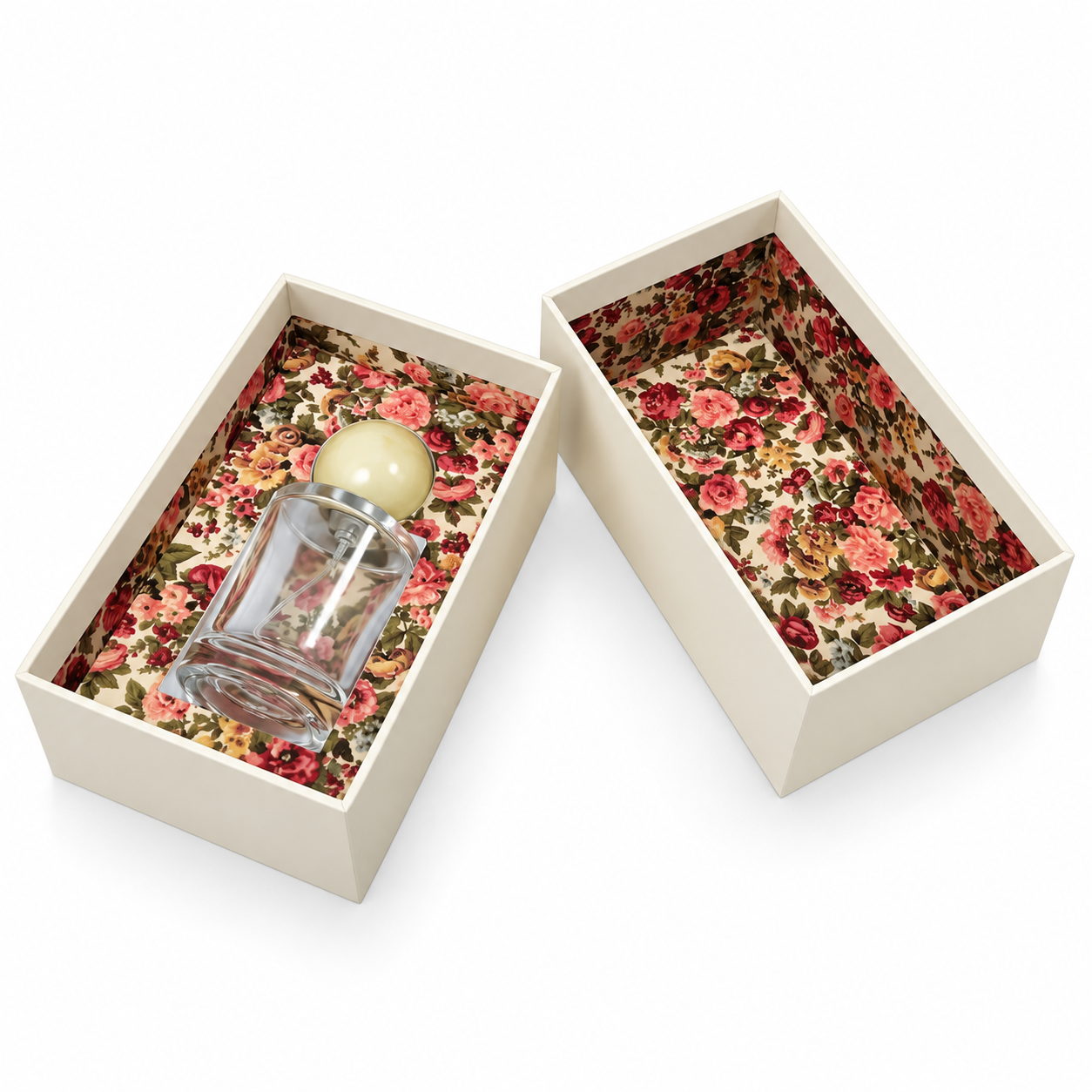 Lid and base perfume box with floral interior