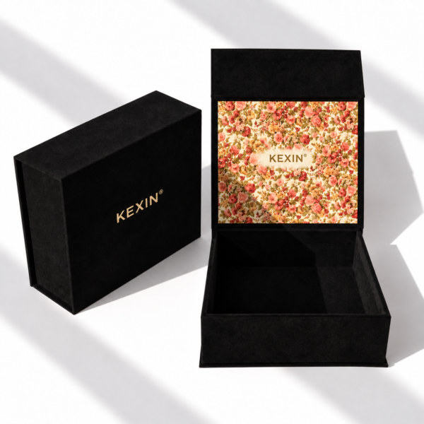 Velvet presentation box with printed inside lid
